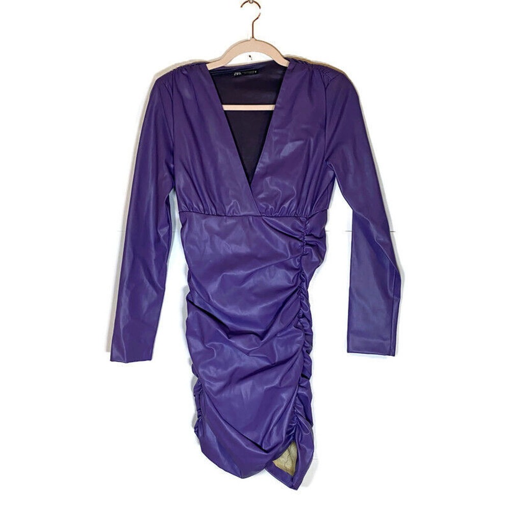 Zara Dress Purple Bodycon Faux Leather Sz Medium Ruched Party Cocktail Club